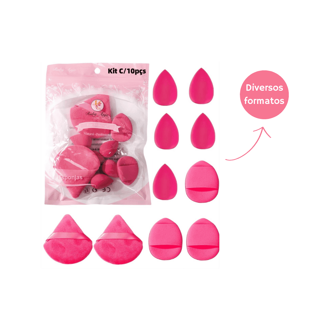 RA491 KIT ESPONJA PARA  MAQUIAGEM 10UN RUBY ANJO